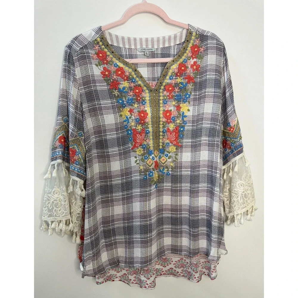 John Mark Boho Embroidered Plaid Tunic Top Lace Tassel Sleeve Blouse Womens XL - Picture 2 of 14